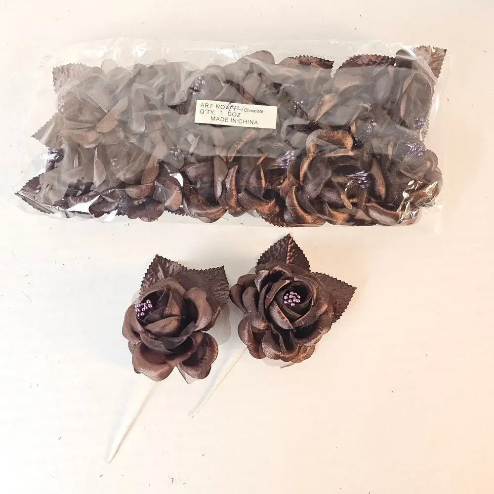 14 Chocolate Brown Silk Rose Picks 2.5in Artificial Flowers Wedding Floral Craft
